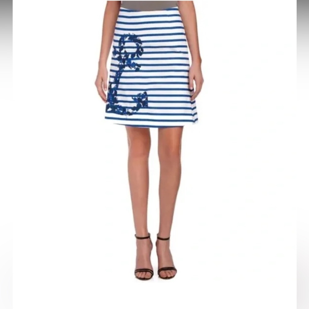 BODEN Nautical Anchor Blue and Off White Striped A-Line Midi Skirt 10R - Picture 3 of 3